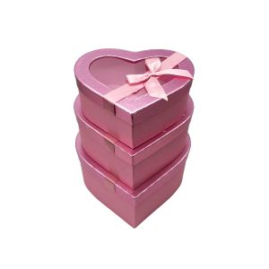 Poklon kutija srce s prozorom i mašnom 3/1 (25.8x24.5x12 cm) – metalik roza 2