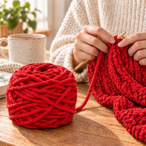 Crvena vunena pređa od chenille-pliša 165 g – mekana pliš pređa