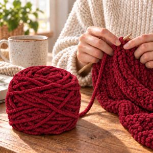 Grimizno crvena vunena pređa od chenille-pliša 165 g – mekana pliš pređa