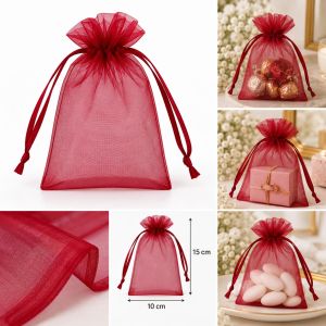 Tamnocrvena organza vrećica 10 × 15 cm s vezicama za pakiranje nakita, suvenira i poklona