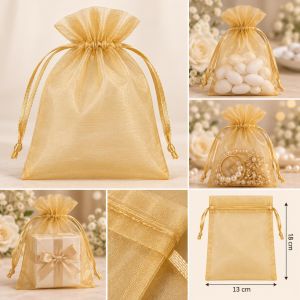 Zlatna organza vrećica 13 × 18 cm s ukrasnim vezicama za poklone, nakit i suvenire