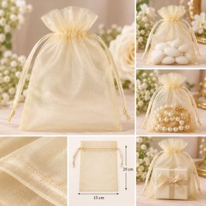Organza vrećica 15 × 20 cm šampanj bijela s vezicama za poklone, nakit i suvenire