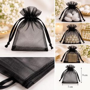 Crna prozirna organza vrećica 7 × 9 cm s vezicama za nakit i male poklone