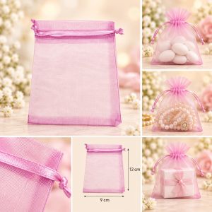 Ružičasta organza vrećica 9 × 12 cm s vezicama za nakit, poklone i zahvalnice