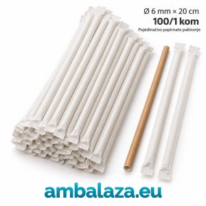Papirnate slamke 6 mm x 20 cm u pojedinačnom bijelom papirnatom omotu, kraft smeđa slamka, pakiranje 100 komada