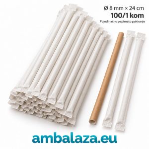 Široke kraft papirnate slamke 8 mm x 24 cm, pojedinačno pakirane u bijeli papirnati omot, pakiranje 100 komada