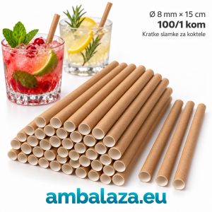 Kratke široke papirnate slamke za koktele 8 mm x 15 cm, smeđa kraft boja, pakiranje 100 komada