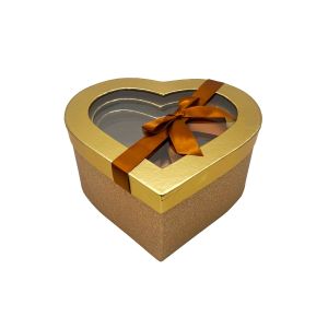Poklon kutija srce s prozorom i mašnom 3/1 (25.8x24.5x12 cm) – zlatne