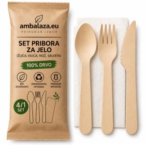 Set drvenog pribora za jelo – Žlica, vilica, nož i salveta, 4/1