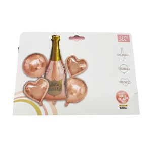 Set folija balona 5 kom - Boca šampanjca i srca roza zlatna 