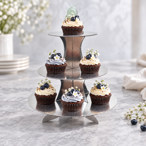 Srebrni stalak za muffine, cupcakese i kolače na tri kata dimenzija 30 × 55 cm