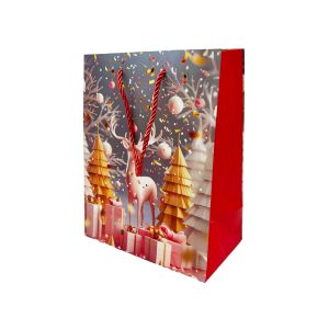 Ukrasna poklon vrećica 18 × 23 × 10 cm – Bijeli jelen i zlatne jelkice