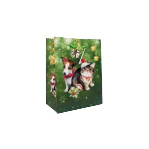 Ukrasna poklon vrećica Božićni pas i mačka 23x18x10 cm (mala) - zelena