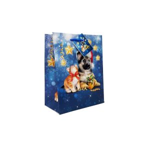 Ukrasna poklon vrećica Božićni pas i mačka plava 23x18x10 cm (mala)