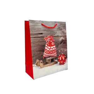 Ukrasna poklon vrećica božićni rustik kapa i saonice 32x26x12 cm (srednja)