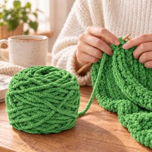 Zelena vunena pređa od chenille-pliša 165 g – mekana pliš pređa