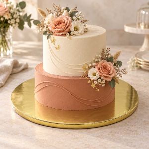 Zlatna podloga za torte promjera 35 cm i debljine 1 cm s elegantnom dvokatnom tortom ukrašenom ružama