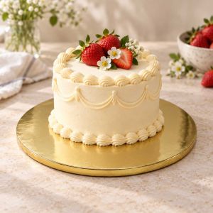 Zlatna okrugla podloga za torte i kolače promjera 25 cm i debljine 1 cm s tortom ukrašenom jagodama
